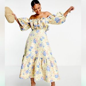 ASOS EDITION blouson off shoulder midi dress in floral jacquard